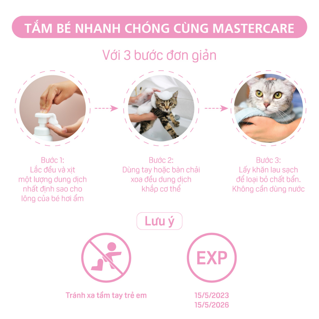 HƯỚNG DẪN SỬ DỤNG BỌT TẮM KHÔ CHO MÈO MASTERCARE